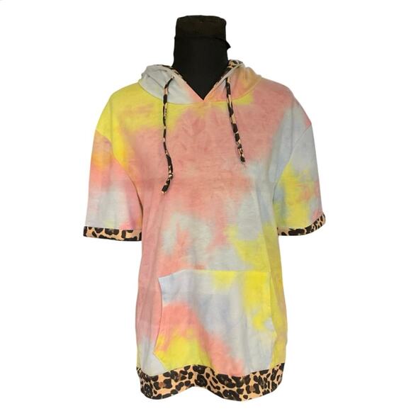 Jody K Pastel Tie Dyed Short Sleeve Animal Print Hoodie Size S - Picture 1 of 9